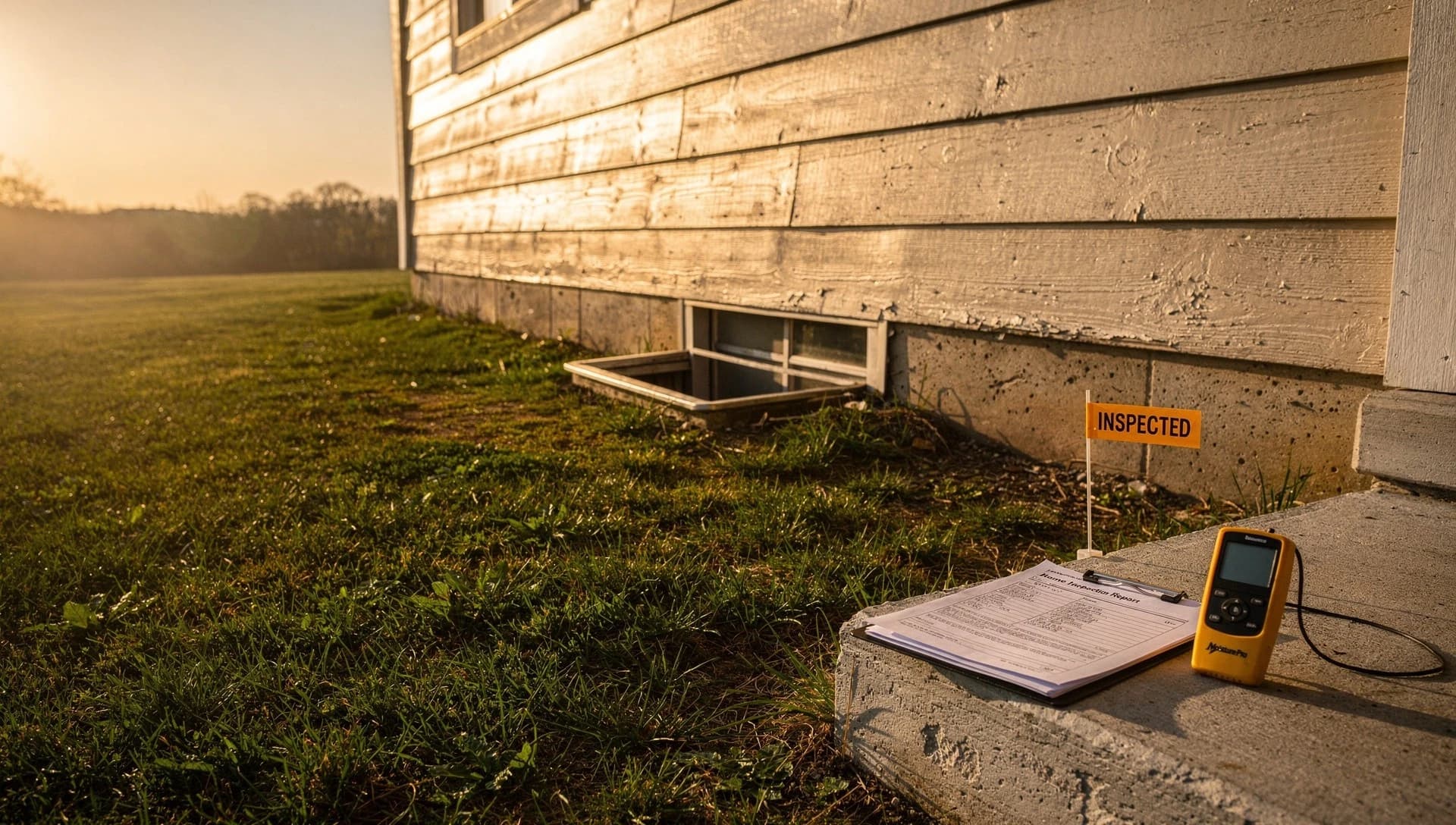 A building exterior and crawlspace vent at deep golden hour, an inspector's clipboard, moisture meter, and an amber 'INSPECTED' marking flag resting on a concrete step — the day's field work finishing.